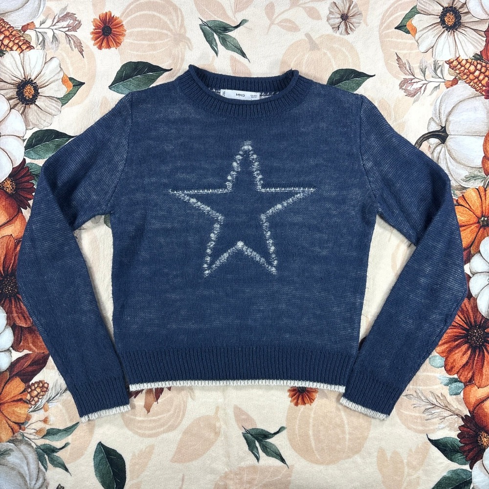 Vintage Y2K MNG Mango Womens Star Graphic Knit Crewneck Sweater Navy Size S